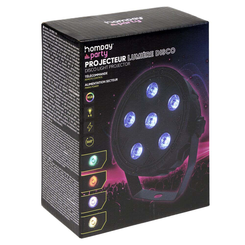 Projecteur de lumière disco rond 6LED RGB 360° avec télécommande H14cm