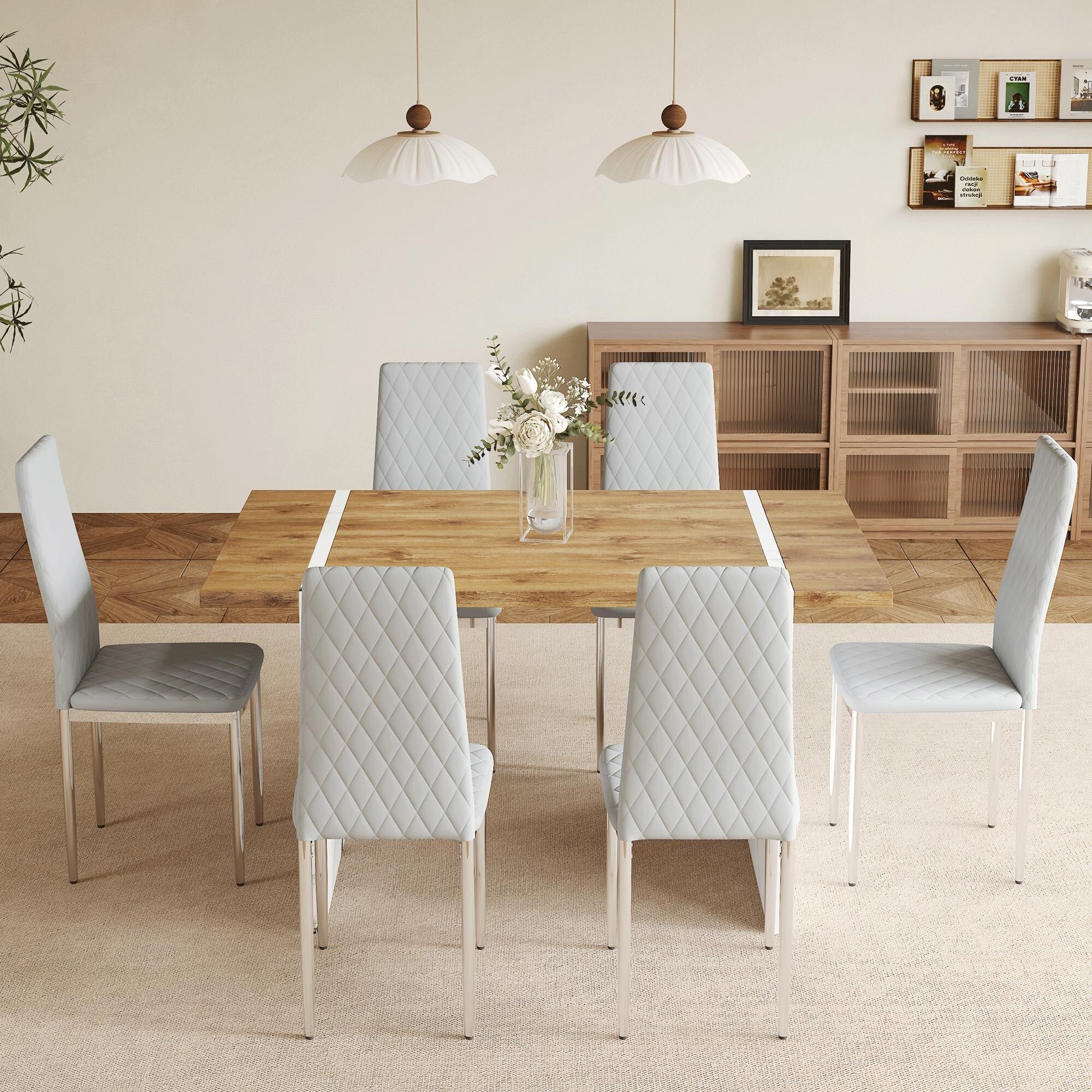 Table And Chair Set,Natural Wood Grain MDF Dining Table-Paired With 6 Modern Style Dining Chairs