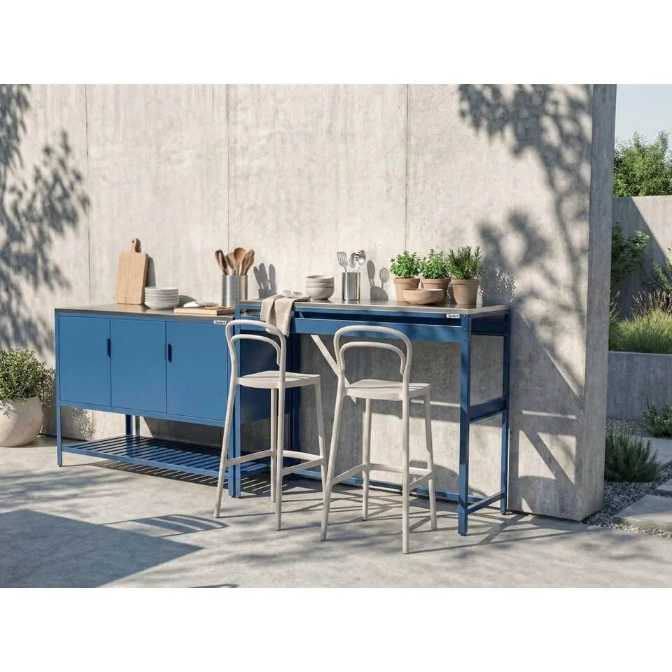 MAENZA - 2-delige buitenkeuken set met bartafel - Blauw - Staal