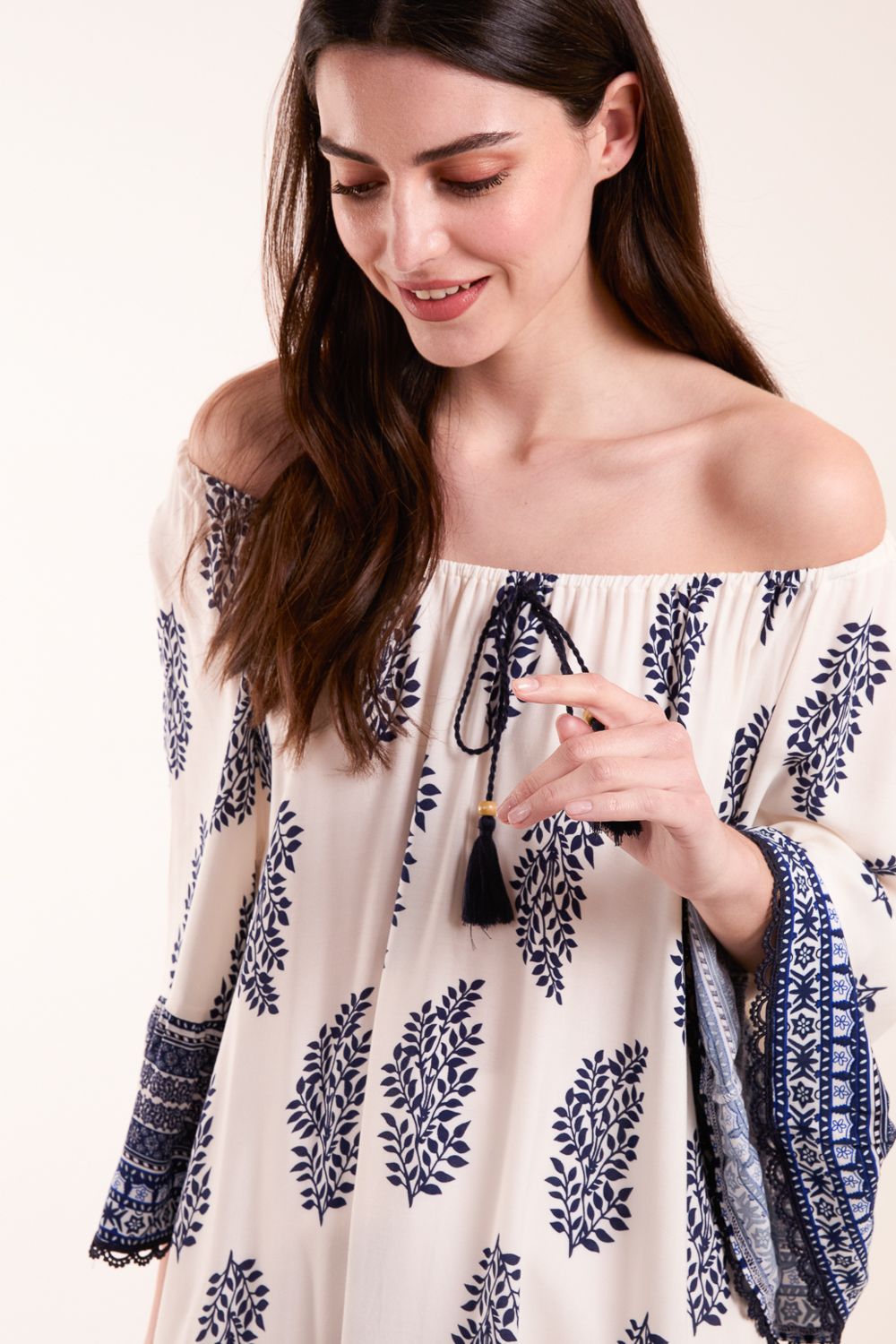 Blue Vanilla Mix Print Bardot With Tassel Dress
