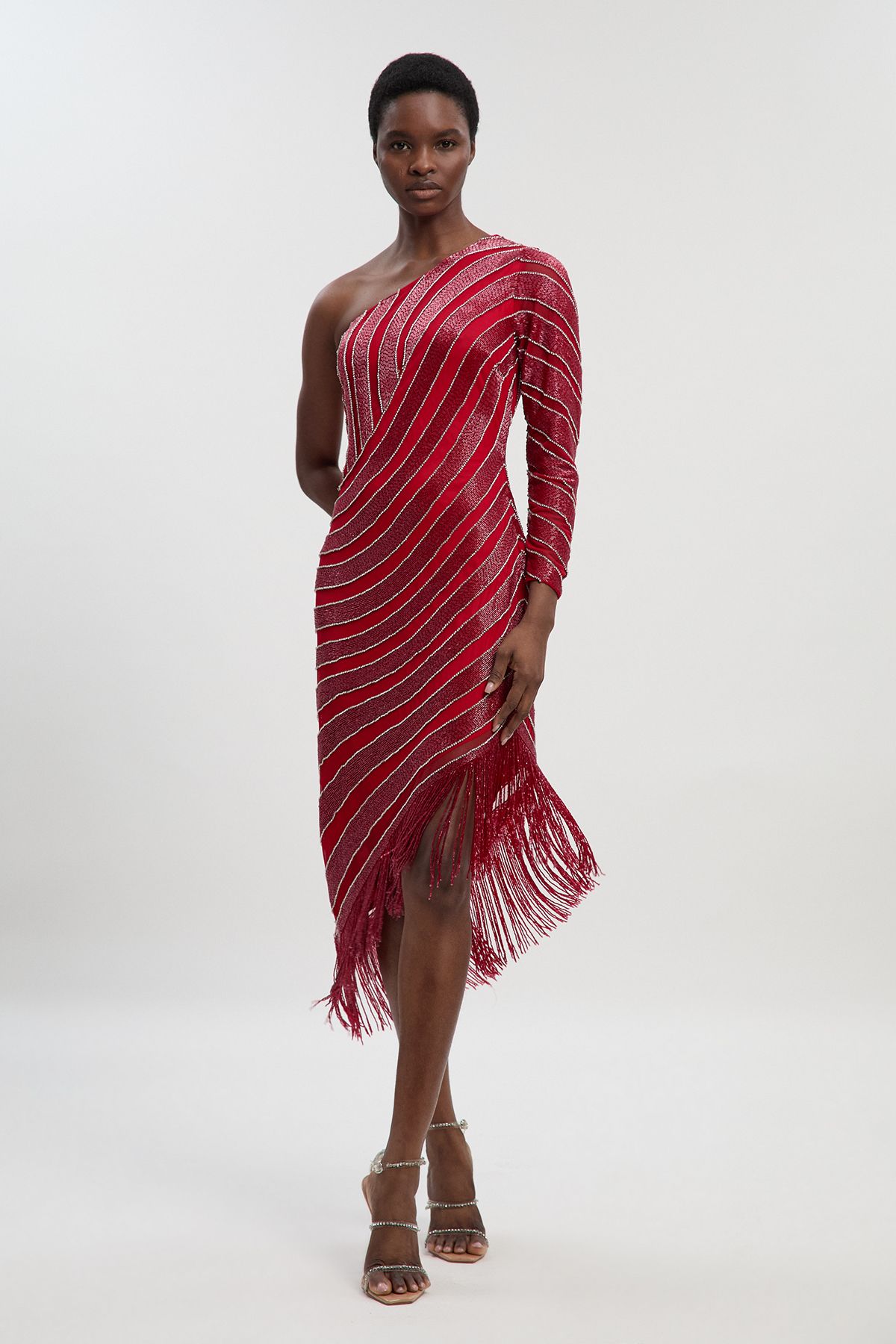 KarenMillen Thigh High Split Embellished Woven Fringed Midi Dress