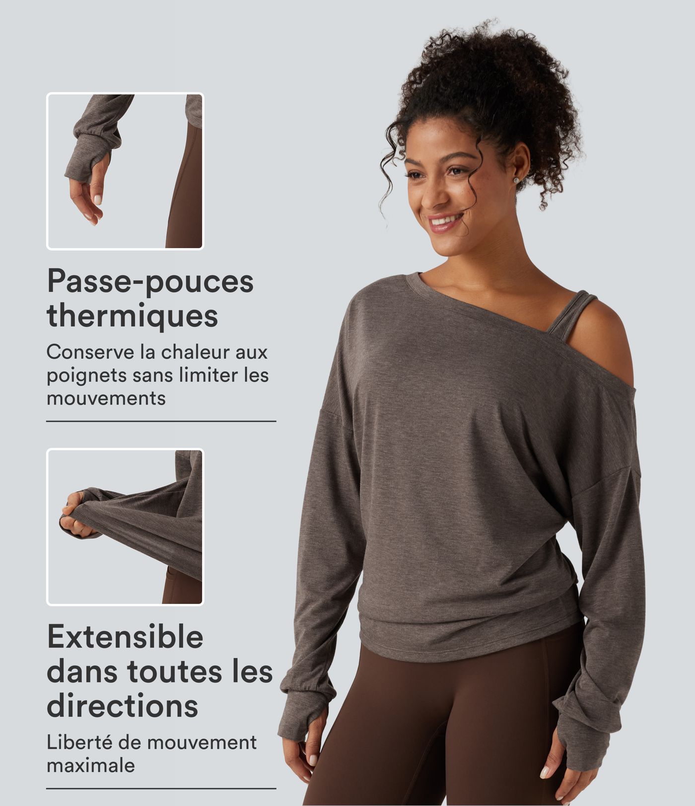 Haut de yoga asymétrique une épaule à manches longues avec passe-pouces