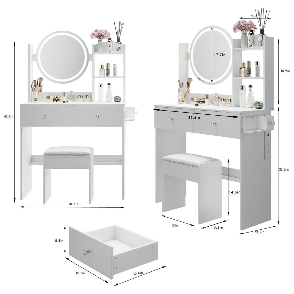 17 Round Touch Switch LED Mirror Vanity with 2 AC+2 USB Power Socket and Adjustable Brightness