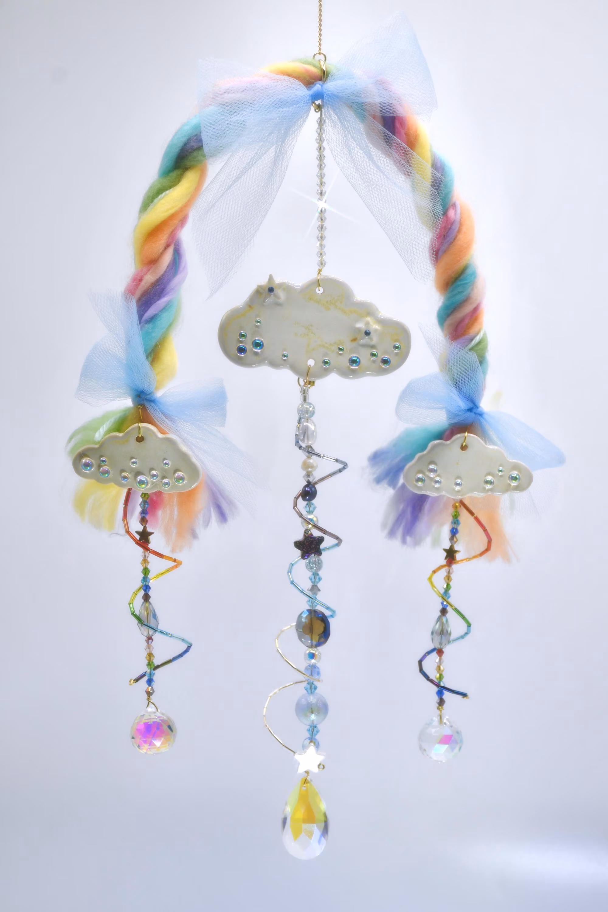 Handmade Ceramic Rainbow Suncatcher Mobile — Cloud Wall Hanging with Crystals, Beads & Fiber