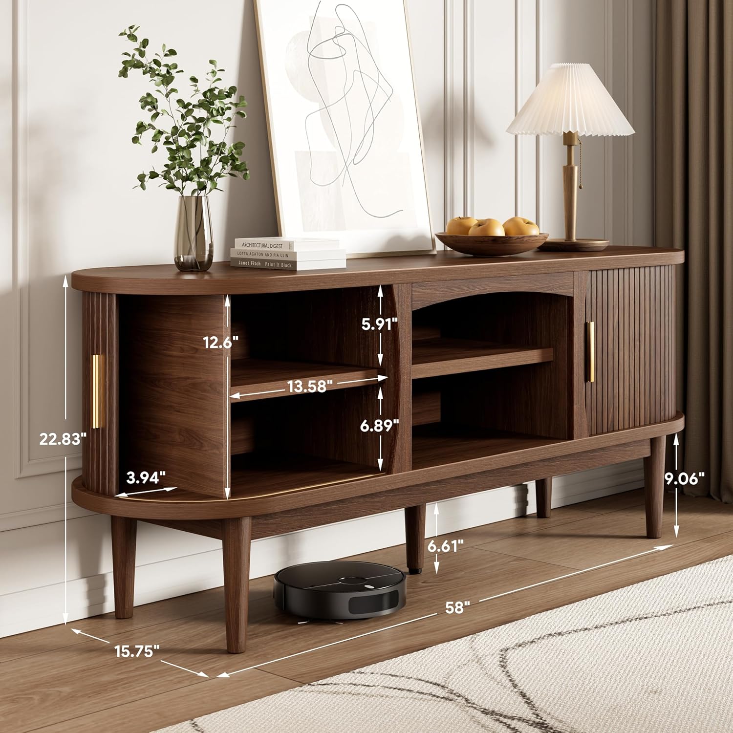 Decofy Mid Century TV Stand for TVs up to 65 Inches, Entertainment Center with Storage, Power Outlet, Fluted Sliding Doors & Adjustable Shelves, Modern Media TV Console Table for Living Room (Walnut)