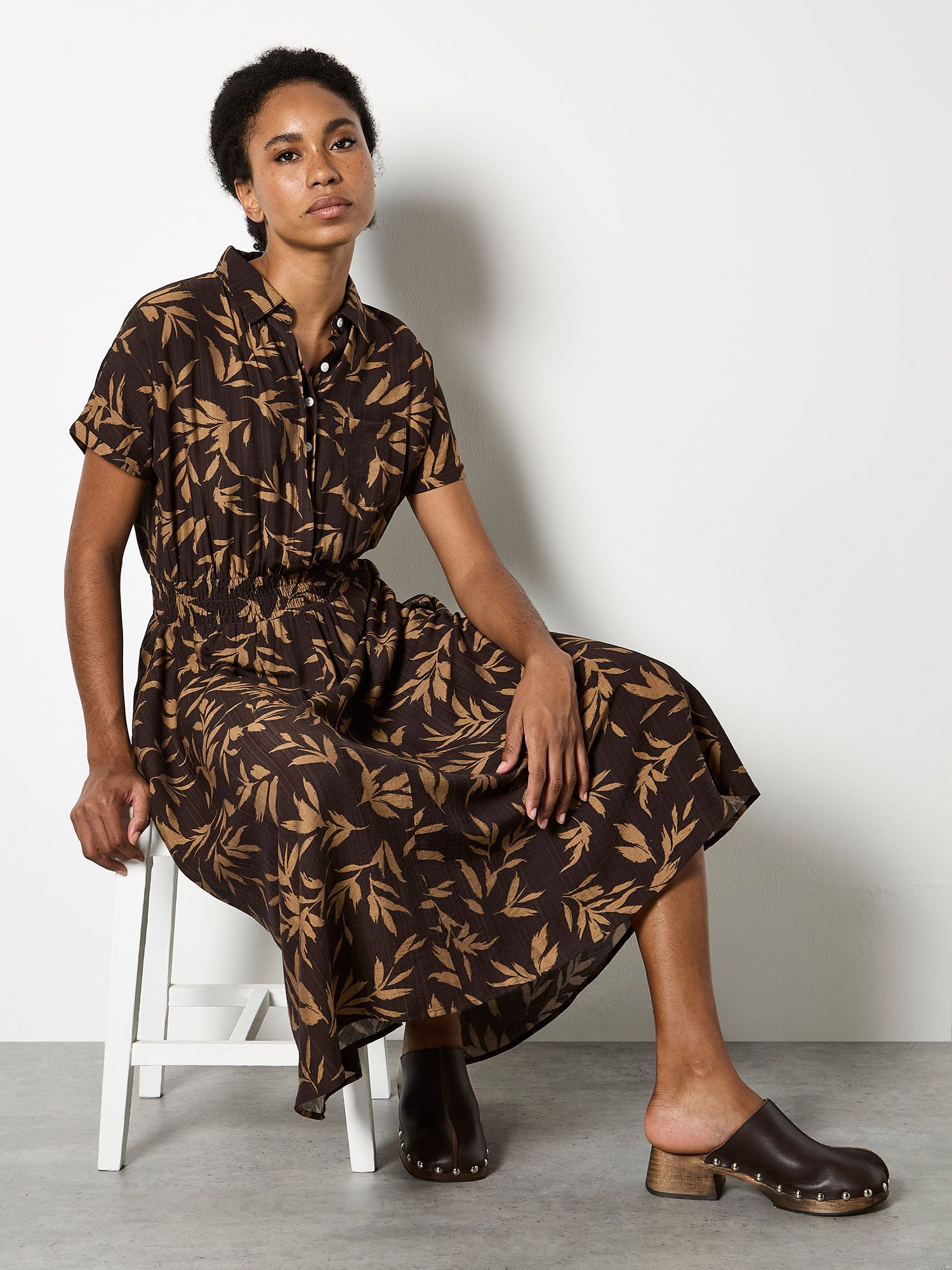 Apricot Textured Leaf Shirt Midi Dress