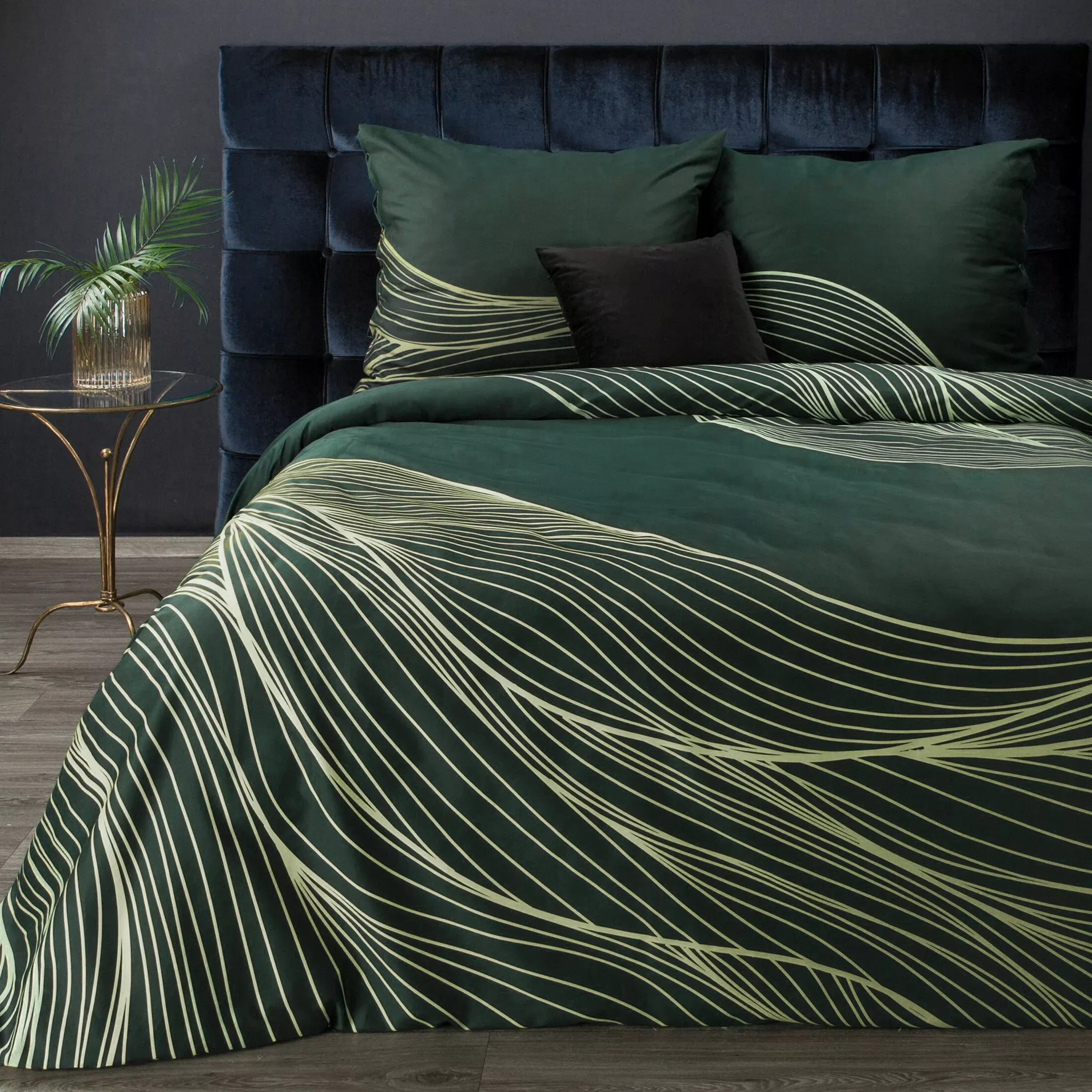 Pościel bawełniana z makosatyny 160x200 cm komplet 3 częściowy kolor ciemnozielony, złoty z fantazyjnym wzorem Eurofirany Premium