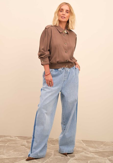 Womens Blue Stripe Wide Leg Drawstring Jeans