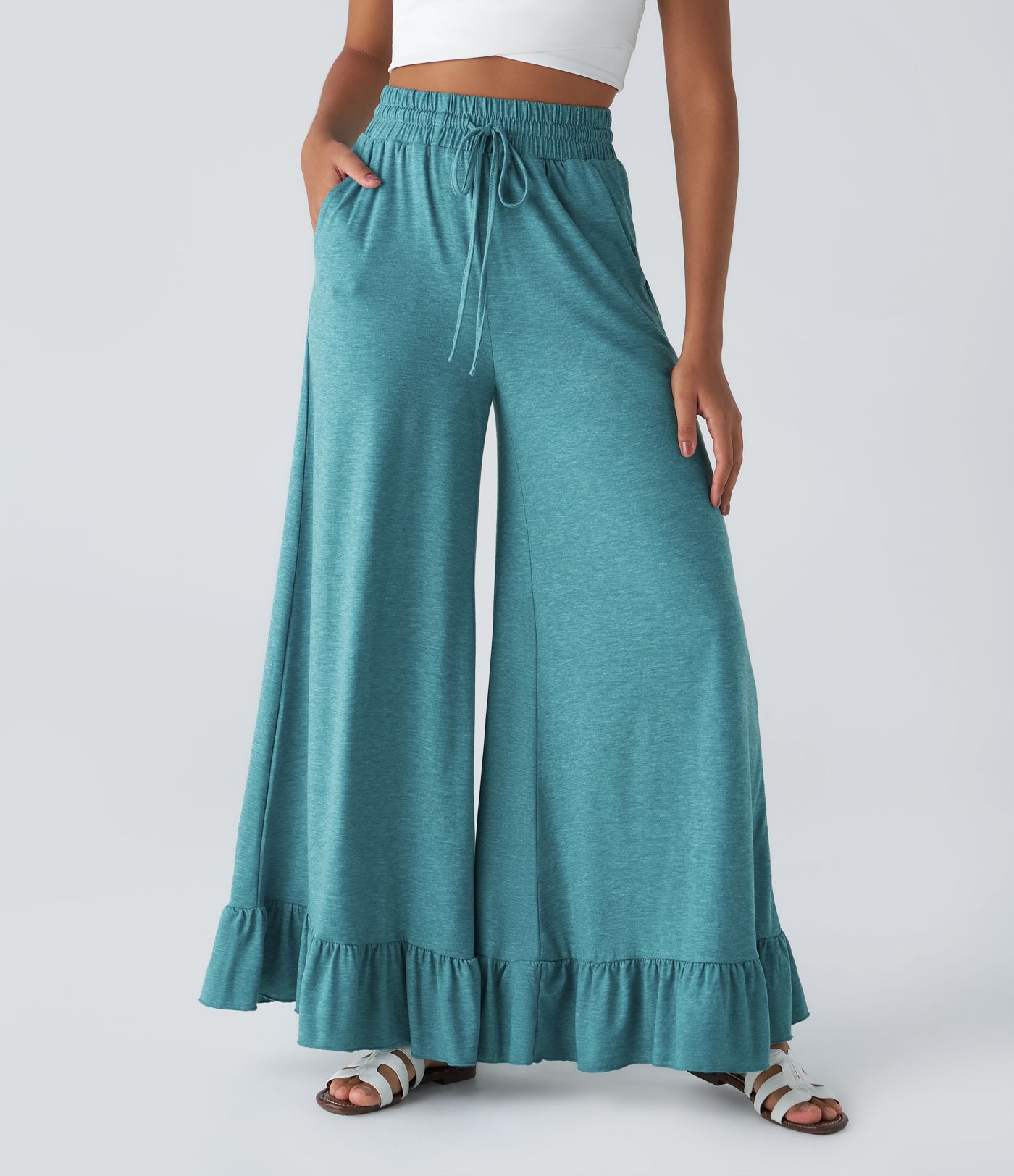 Pantalon Casual à Taille Haute avec Cordon De Serrage Poches Latérales et Volants Jambes Amples