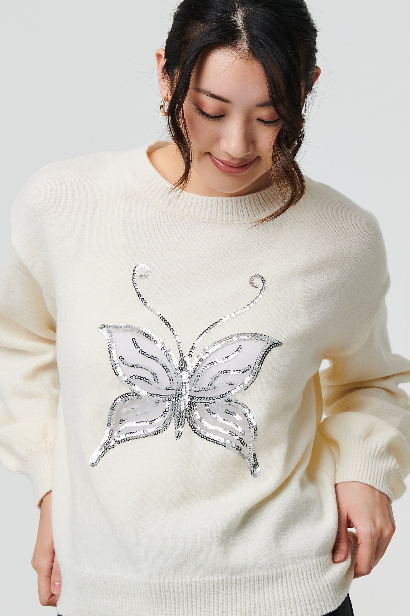 Izabel London Butterfly Embellished Puff Sleeve Jumper