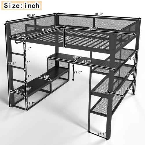 Bellemave Queen Size Loft Bed with Storage Shelves & Hanging Rod, Metal Queen Loft Bed Frame with Desk for Kids Teens, Black