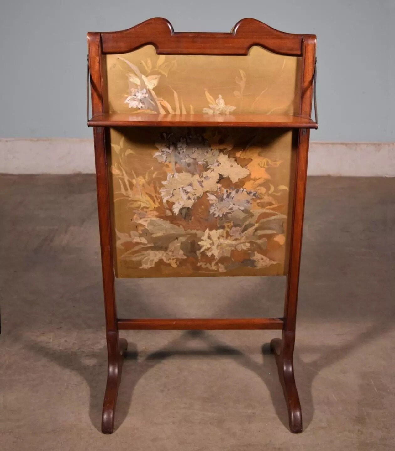 French Antique Walnut Fireplace Screen with Shelf and Painted Scene with Flowers