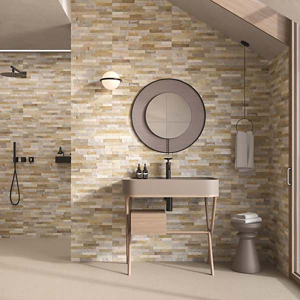 Carrelage mural intérieur effet pierre beige décor quartzite 3D L.60 x l.30 cm x ép.8,2 mm, Quartz 3D
