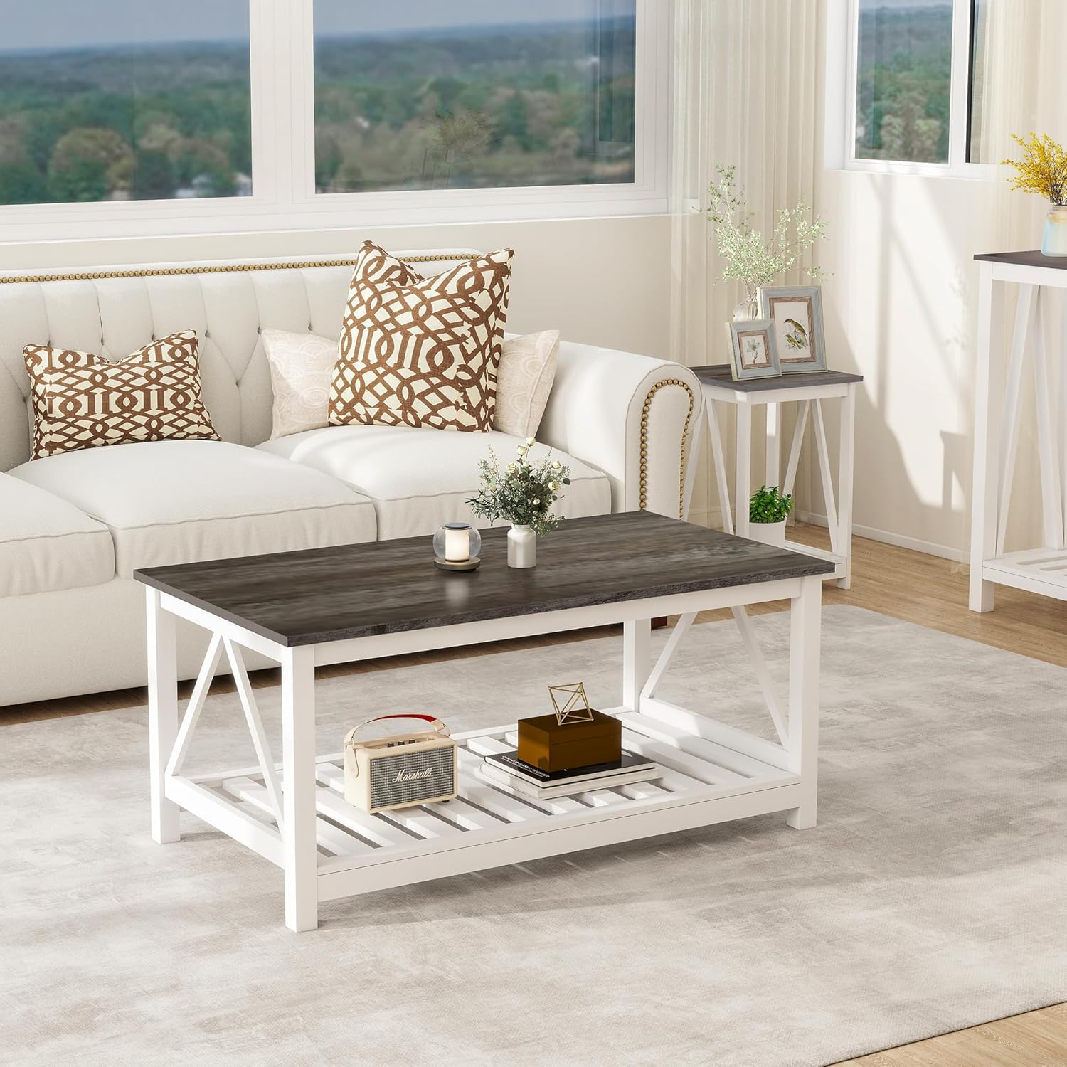 Farmhouse Coffee Table, White OakCoffee Table for Living Room, 2-Tier Rectangular Wooden Centre Cocktail Table with Slats Shelf Storage and V-Shaped Frame Modern Coffee Table Dark Oak