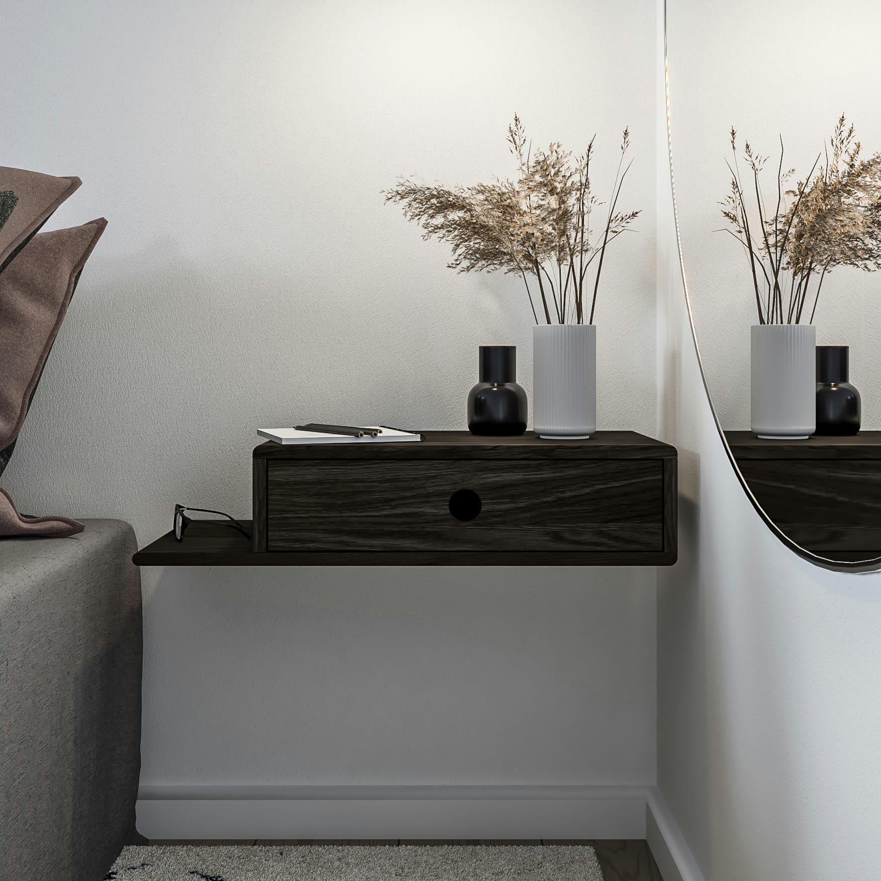 HOPE - Table de chevet avec étagère sur le côté gauche en bouleau noir