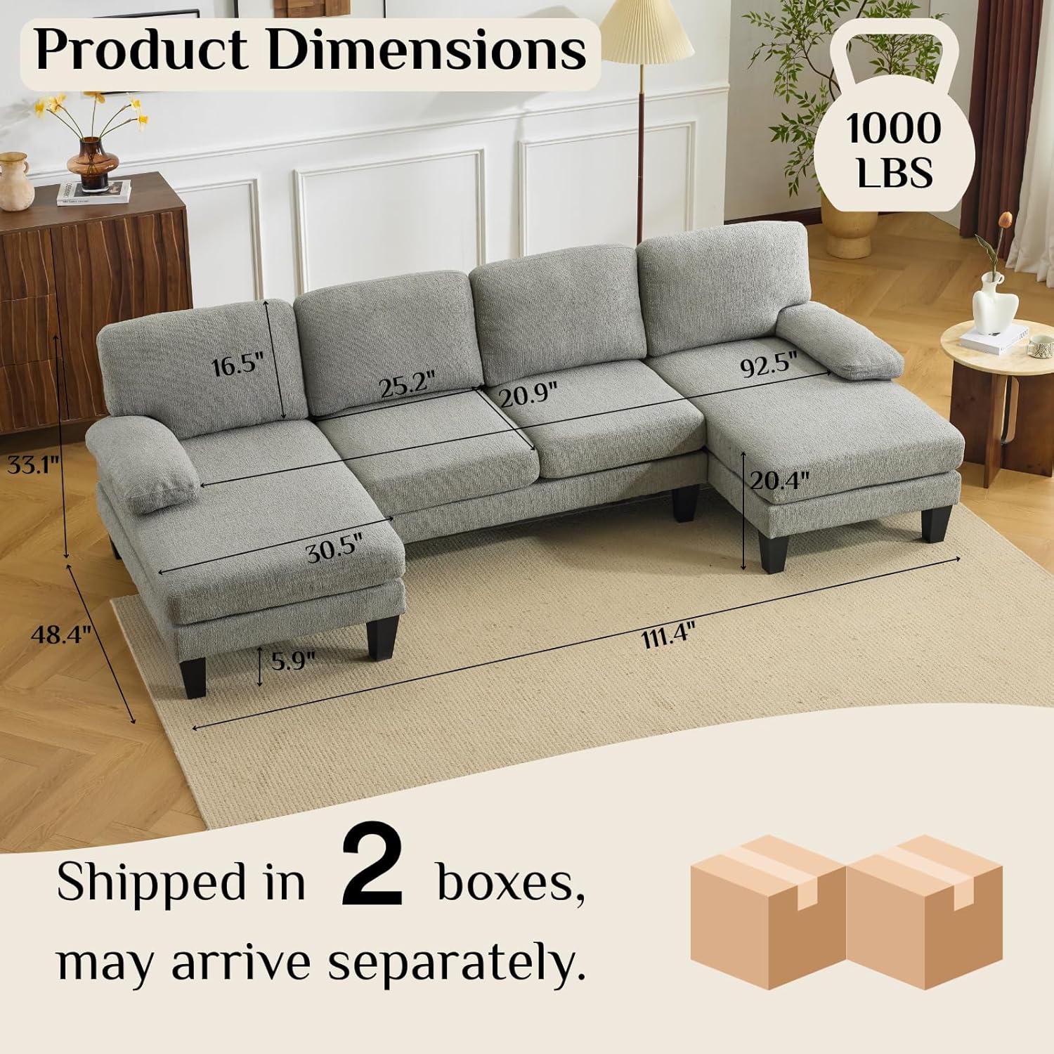 Karl home 110 U-Shape Sectional Couches for Living Room Chenille Upholstery 4 Seat Sofa Set with Double Chaises & Wood Grain Legs for Apartment, Dust Grey