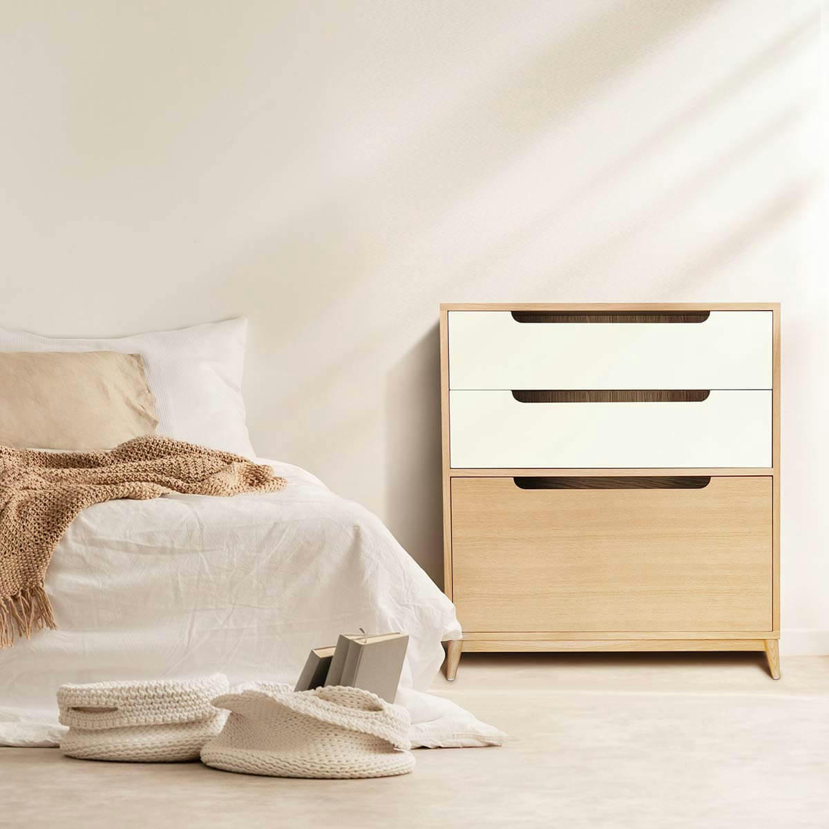 MOKA - Commode peu profonde, 3 tiroirs, couleur chene et blanc sable-96*86*40