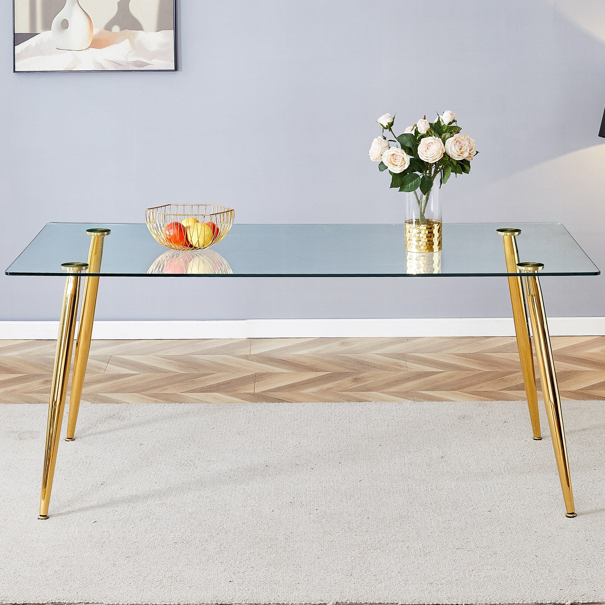 Modern rectangular glass dining table, with tempered glass countertop and gold metal legs, writing desk
