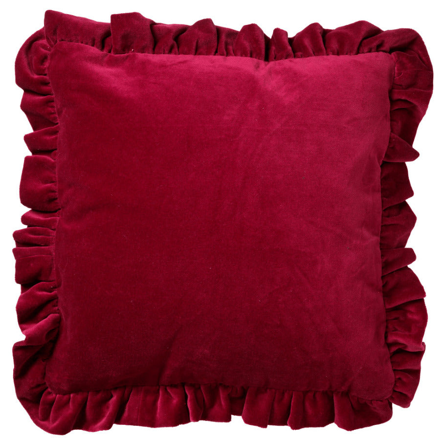 YARA - Sierkussen 45x45 cm - 100% katoen - velvet - met ruches - Red Plum - donkerroze