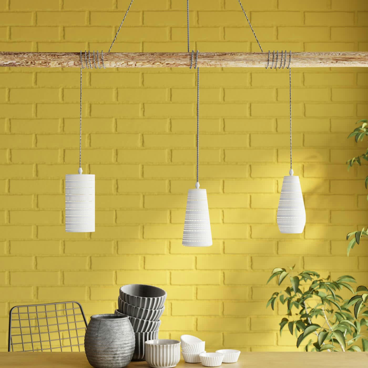 DINING - Suspension 3 abat-jours en porcelaine et eucalyptus