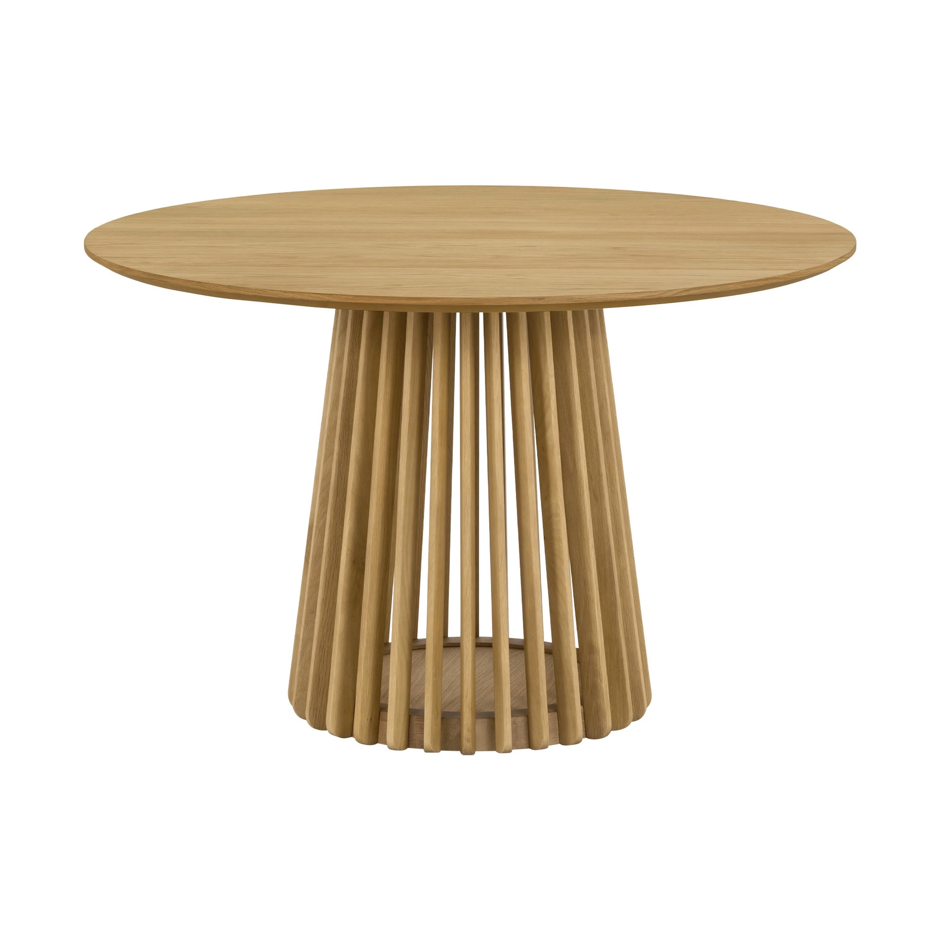 Dyan Dining Table, 47 Inch Round Top, Slatted Slant Base, Natural Oak Brown