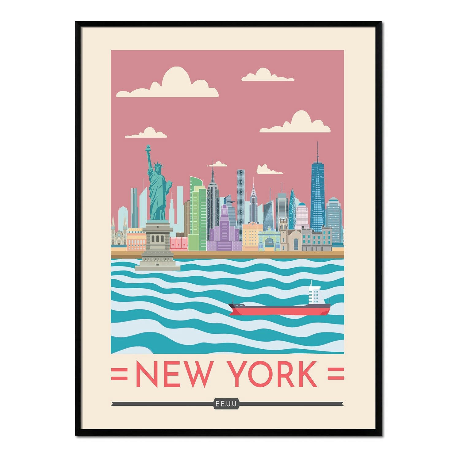 CIUDADES - Affiche avec cadre noir - New York - 50x70