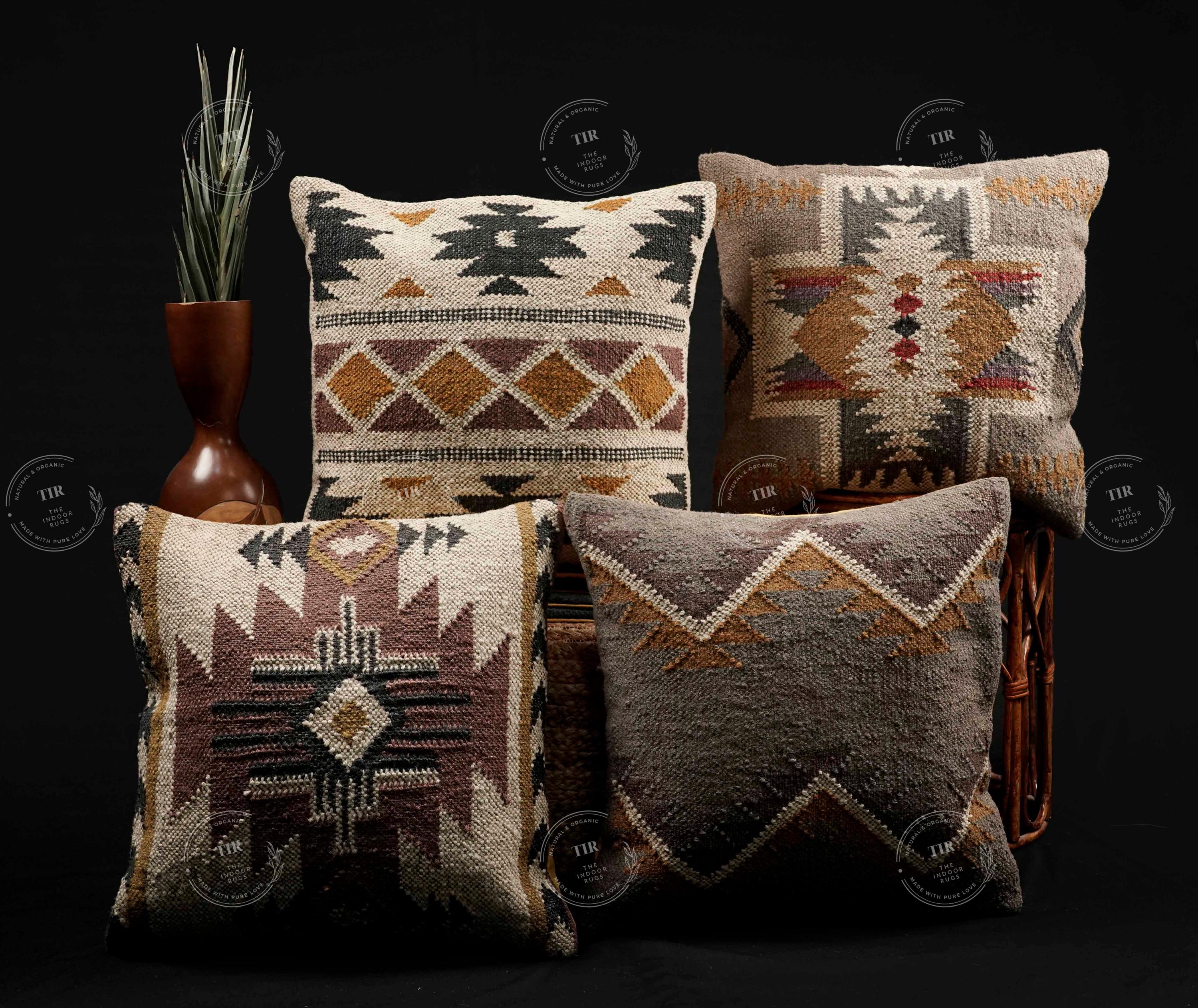 4 Set of Indian Hand Woven Wool Jute Cushion Cover 18 x 18 Inch Jute Pillows Ethnic Vintage Throw Pillow Cases Decorative Sham, Sofa decor set