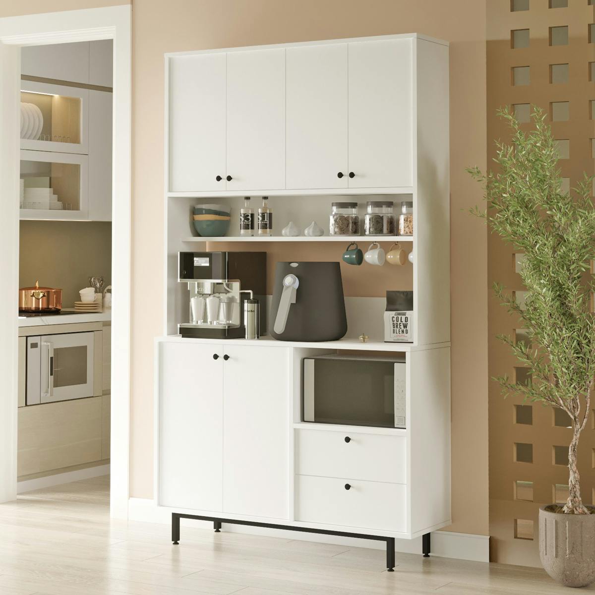 Buffet cuisine blanc avec niche micro-ondes H 205 cm JENA
