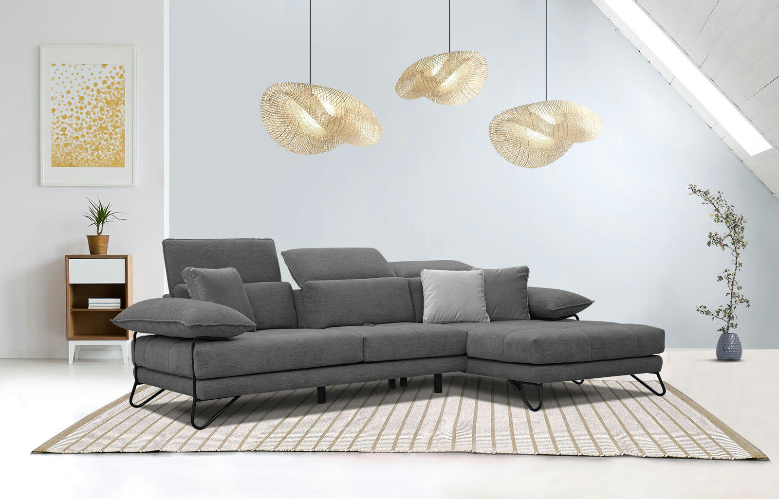 NORDEN - Canapé d'angle droit 4 places en tissu gris foncé avec coussins déco