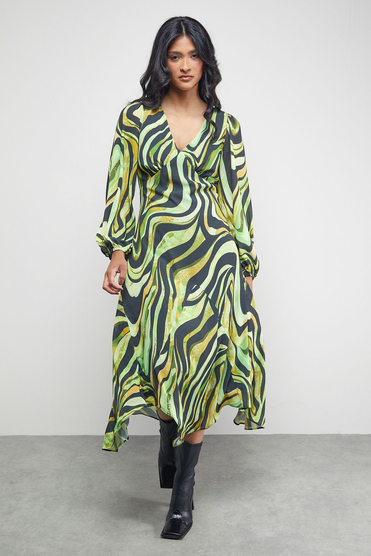 Warehouse Tony Chiffon Plunge Neck Asymmetric Hem Midi Dress