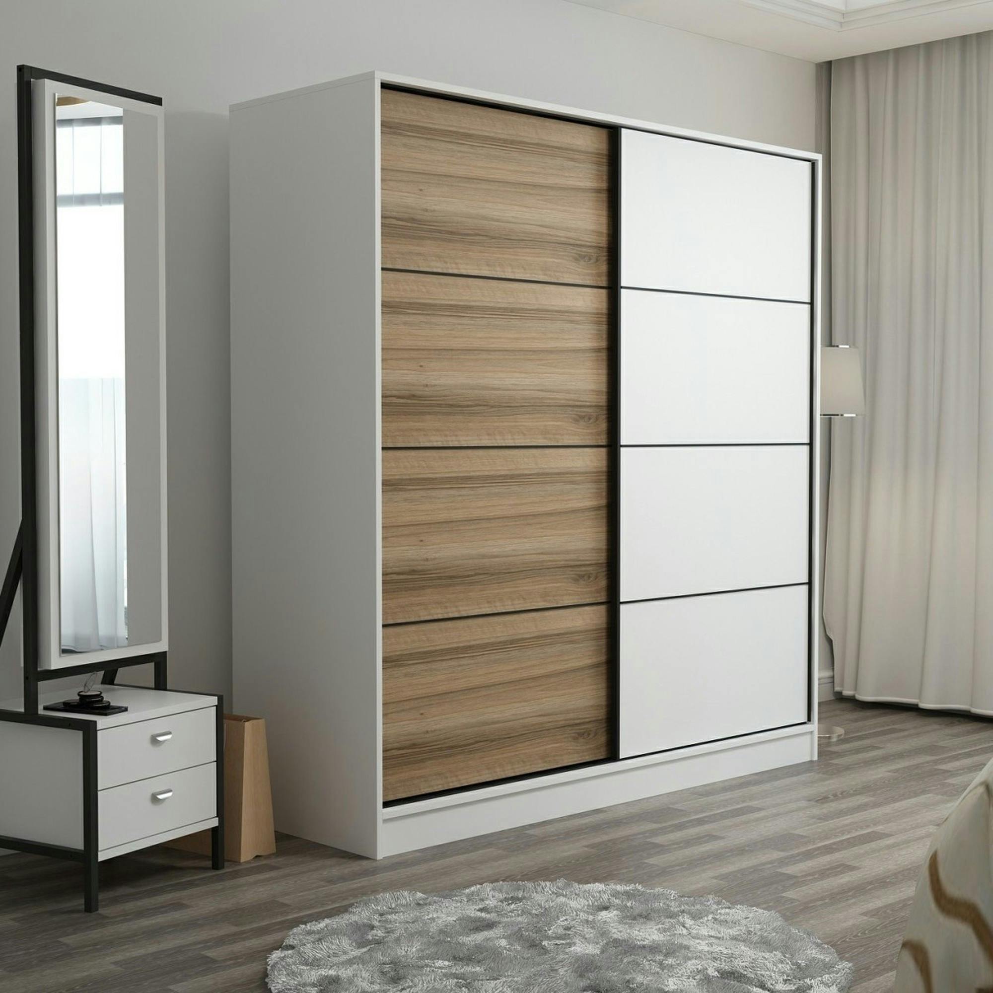 Armoire penderie à portes coulissantes, blanc & effet bois BYRON