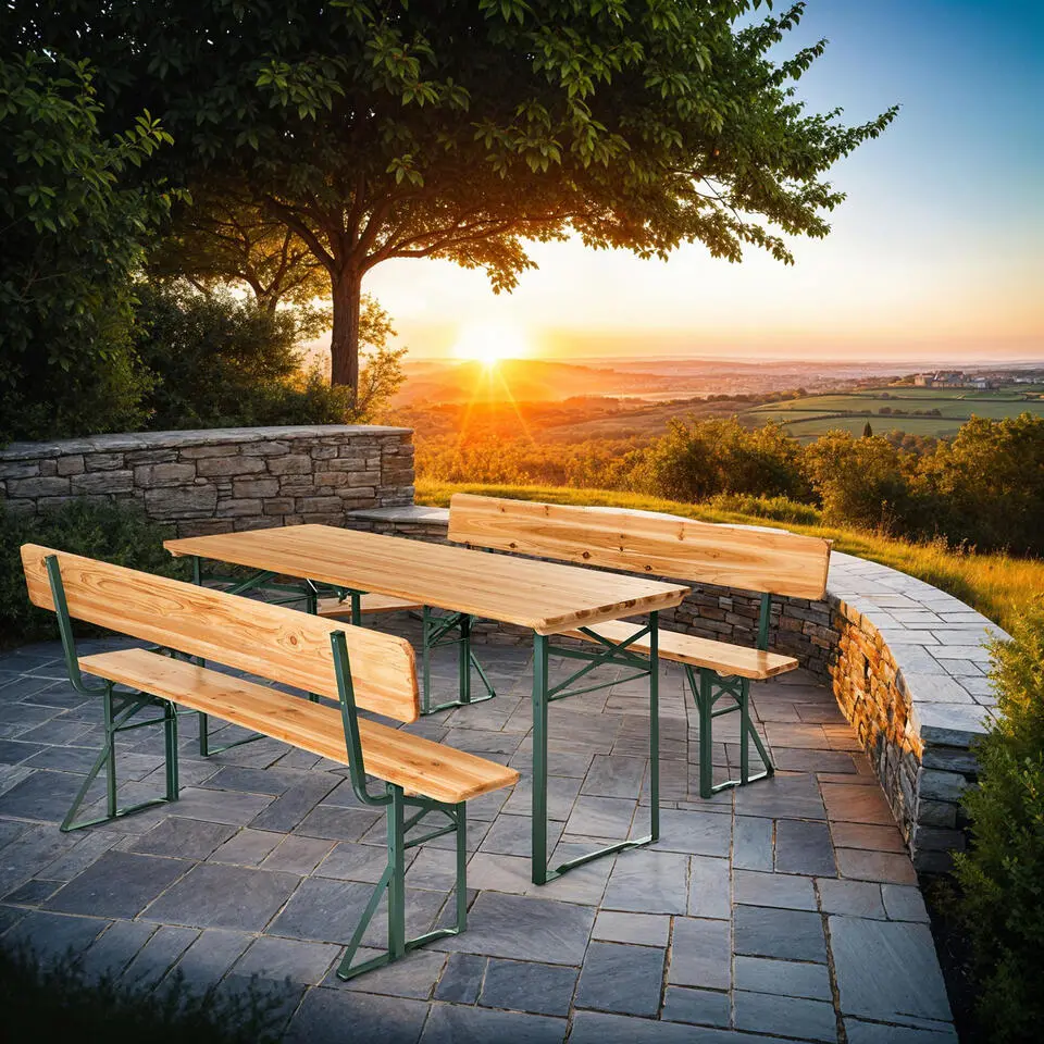 tectake Biertafelset - Vurenhout en Staal - Bruin - Klapfunctie - Outdoor