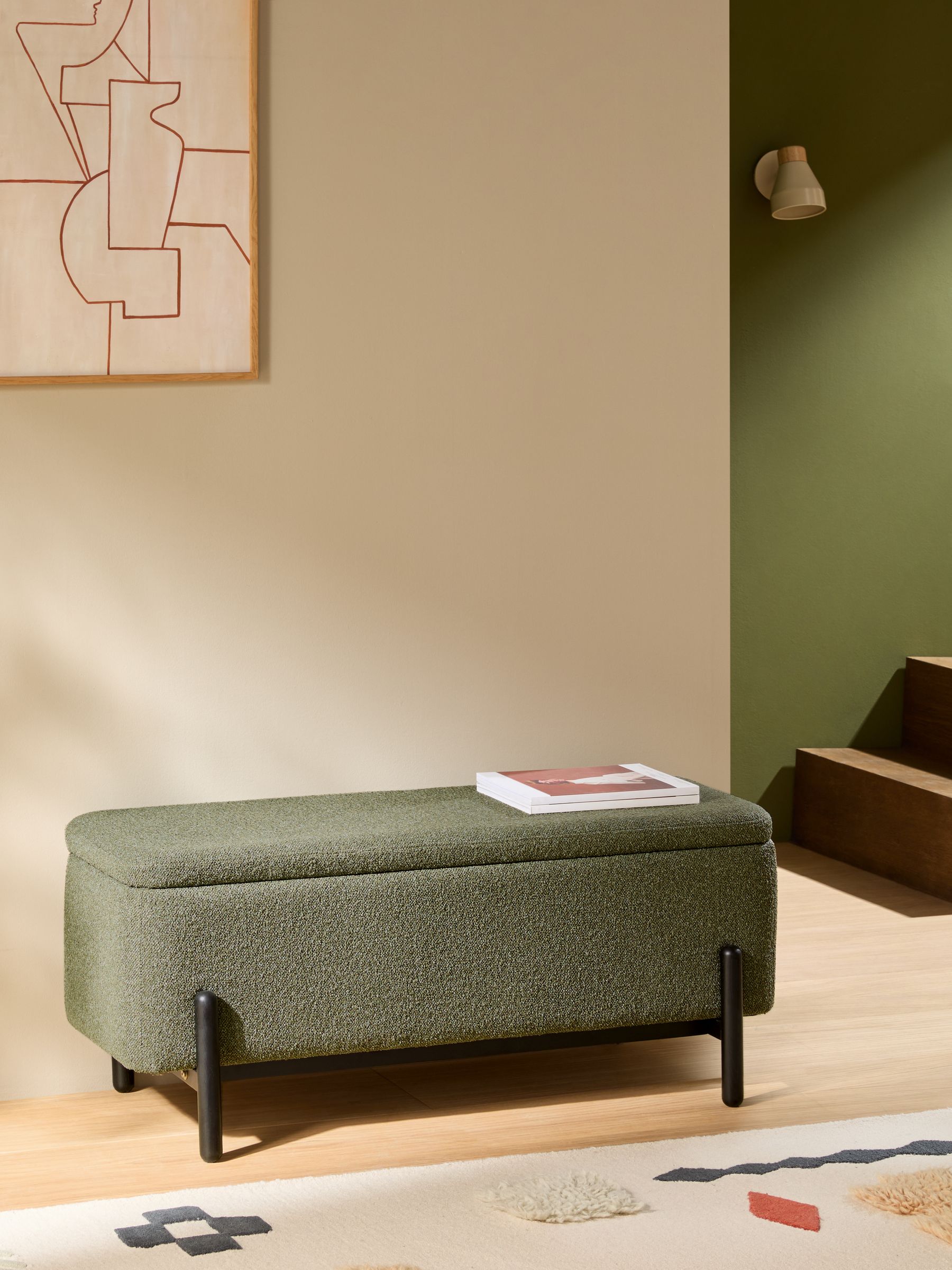 Asare Storage Ottoman Bench in Forest Green Pax Boucle