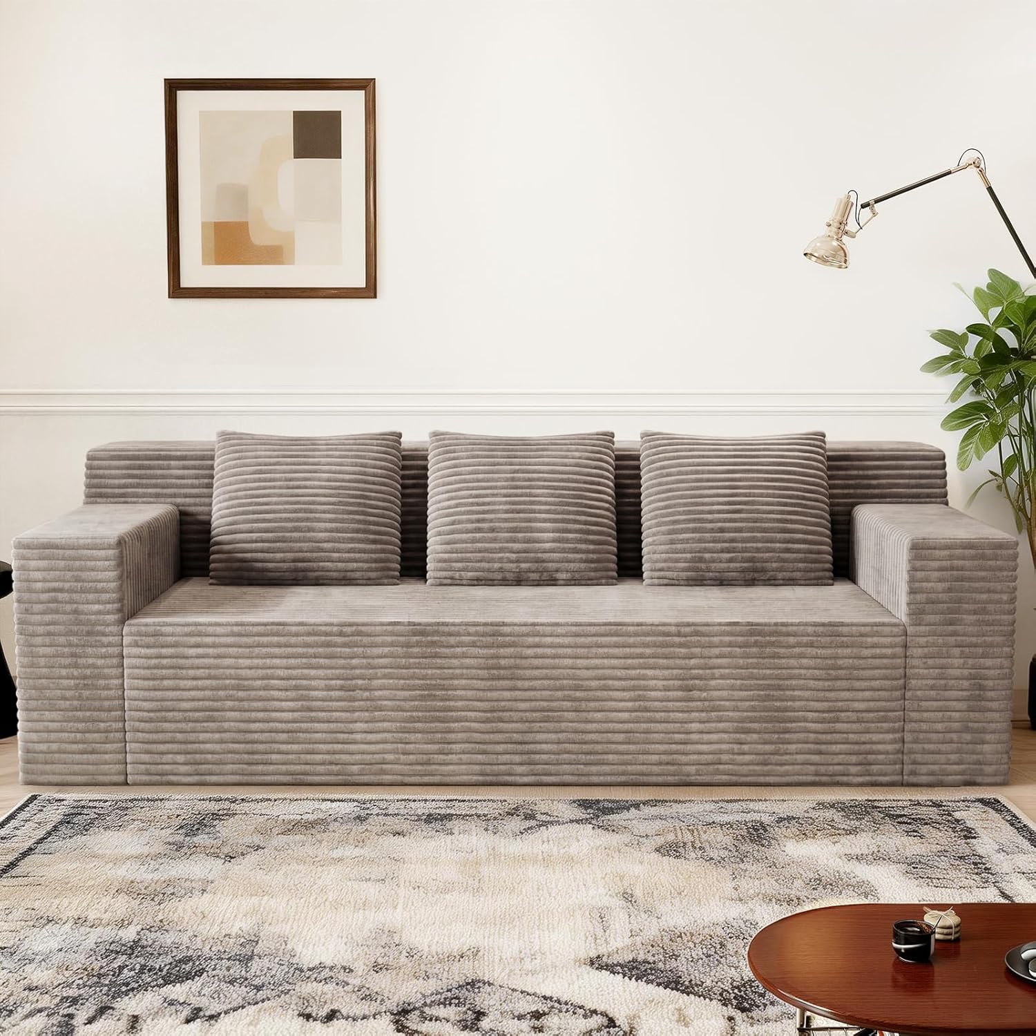 Kurhwyss 71 Corduroy Living Room Sofa, 3 Setaser Deep Seat Couch with 3 Lumbar Pillows, Comfy Boneless Sofa Modern Compressed Couch for Bedroom, Office, Apartment, No Assembly, Flat Armrests (Camel)