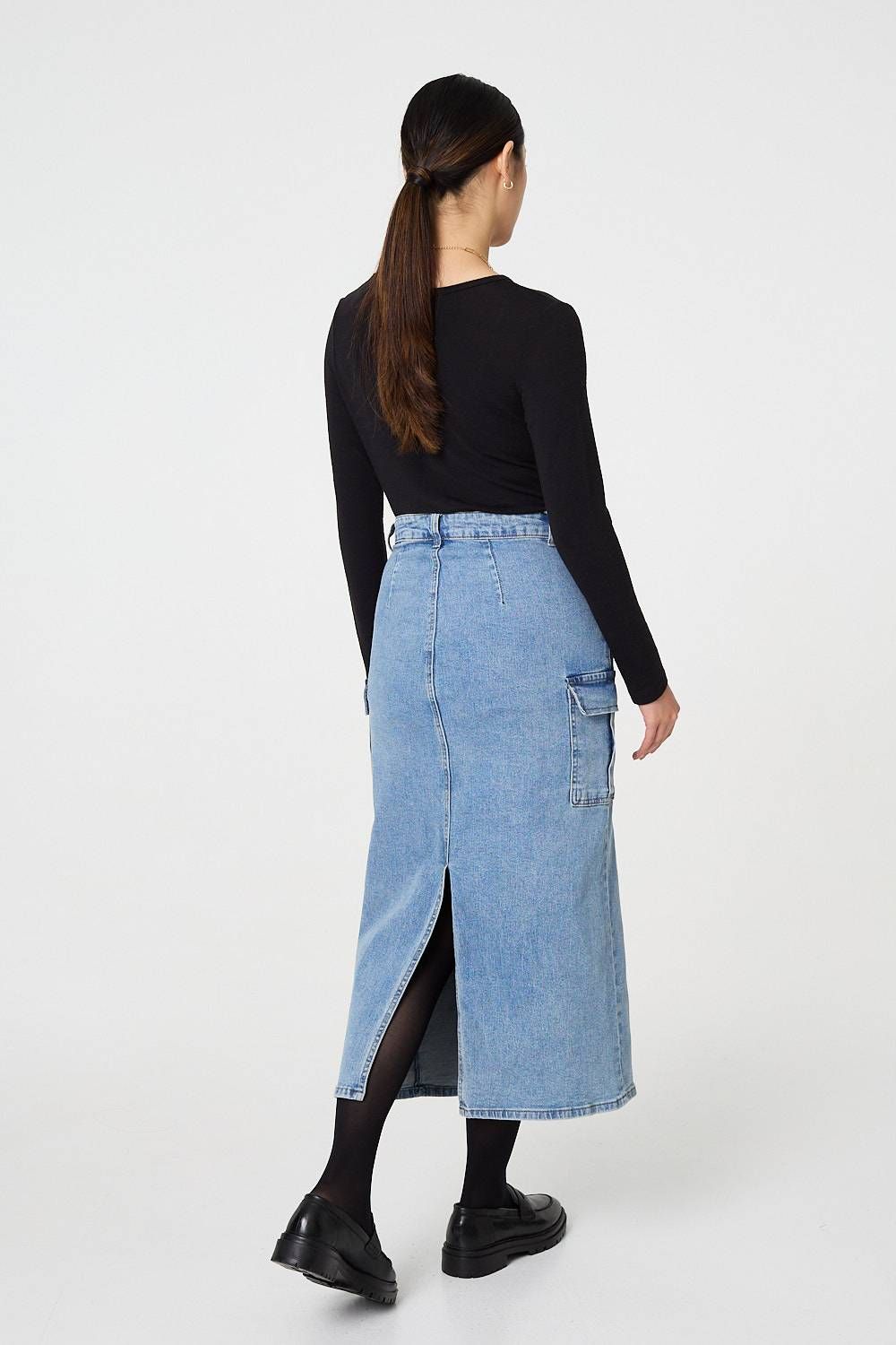 Izabel London Denim High Waist Midi Cargo Skirt