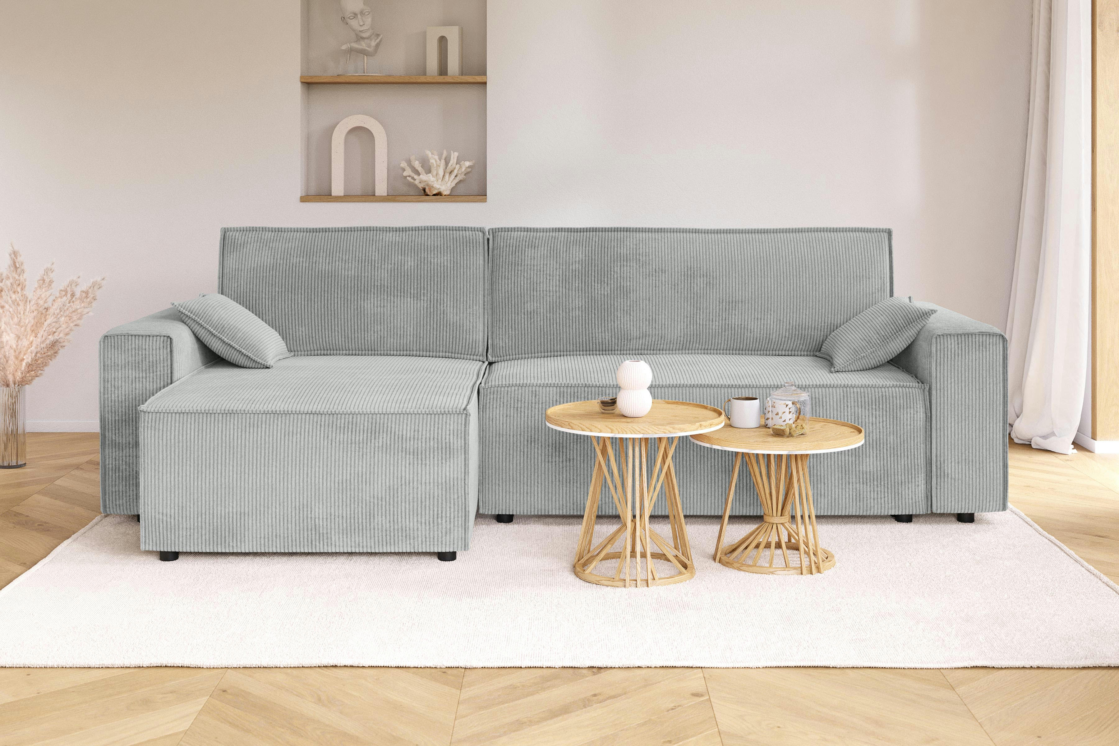 MARIUS - Canapé d'angle convertible en velours côtelé 4 places gris