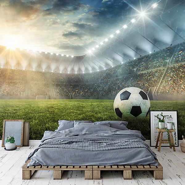 Papier Peint Enfant Football Stade Intissé Panoramique 350x250 cm - Colle Inclus - Chambre Enfant - Moderne Trompe l'oeil