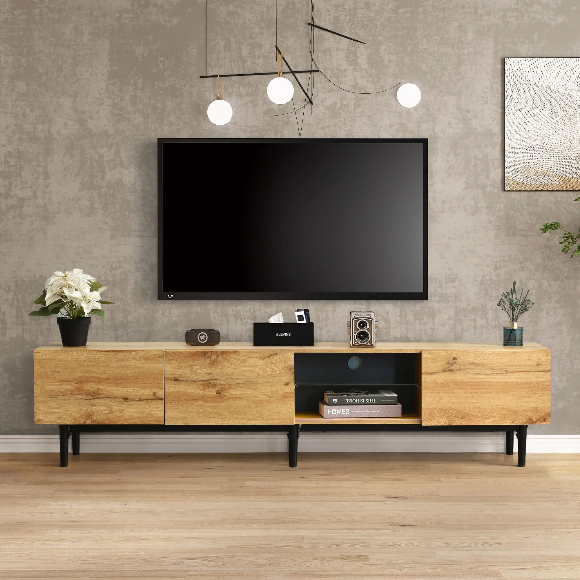Wood 70 TV Stand with LED, Cabinets & Open Shelves for TVs Up to 80
