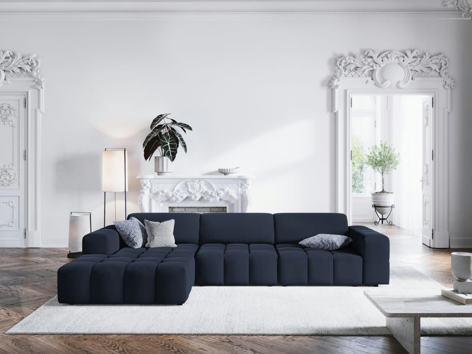 LUC - Canapé d'angle gauche 4 places en tissu velours bleu foncé