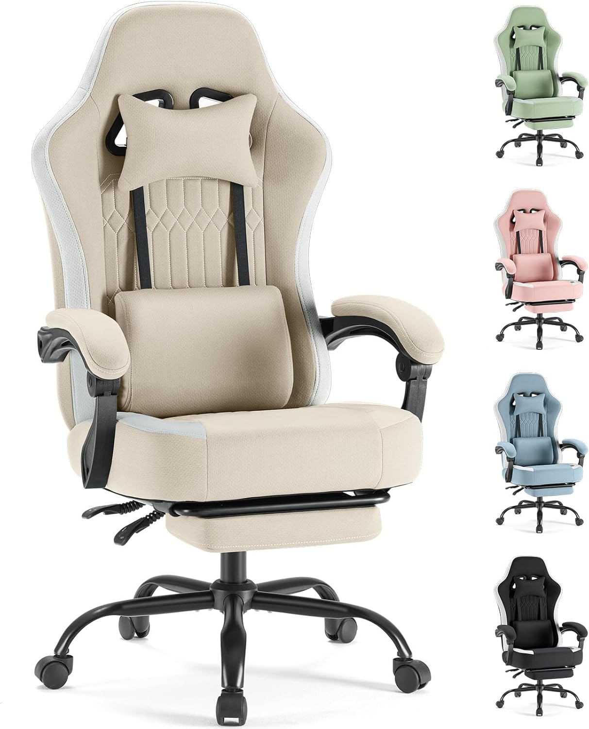 Sweetcrispy Computer Gaming Chair - High Back Ergonomic Desk Chair with Footrest and Lumbar Support, Height Adjustable Task Chair with Linkage Armrests and Headrest, 360°Wheels, Fabric, Khaki
