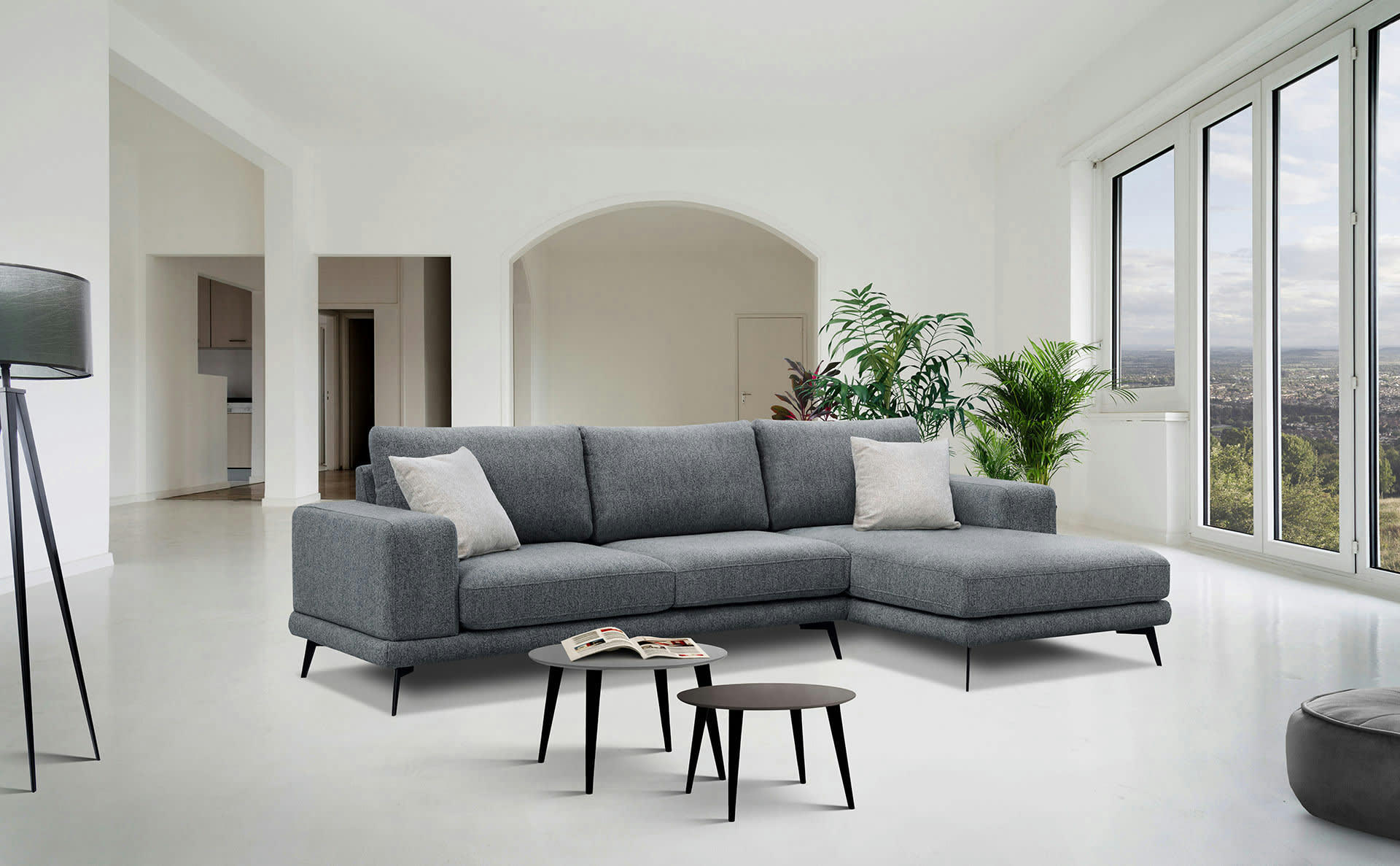 MEDIOLANE - Canapé d'angle droit 4 places tissu gris foncé