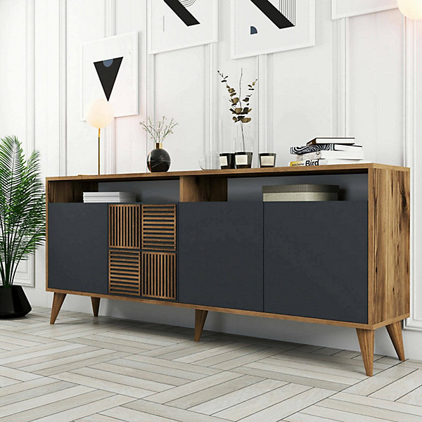 Console Jole, Buffet de salon, Meuble bas pour TV, Socle mural équipé, 180x35 h79 cm, Noyer et Anthracite
