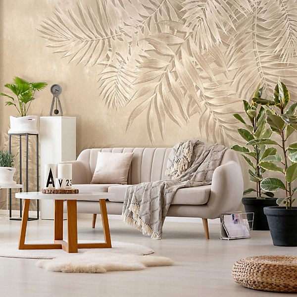 Papier Peint Panoramique Intissé Feuilles Béton Beige - 254x184 cm - Papier Peint Chambre et salon