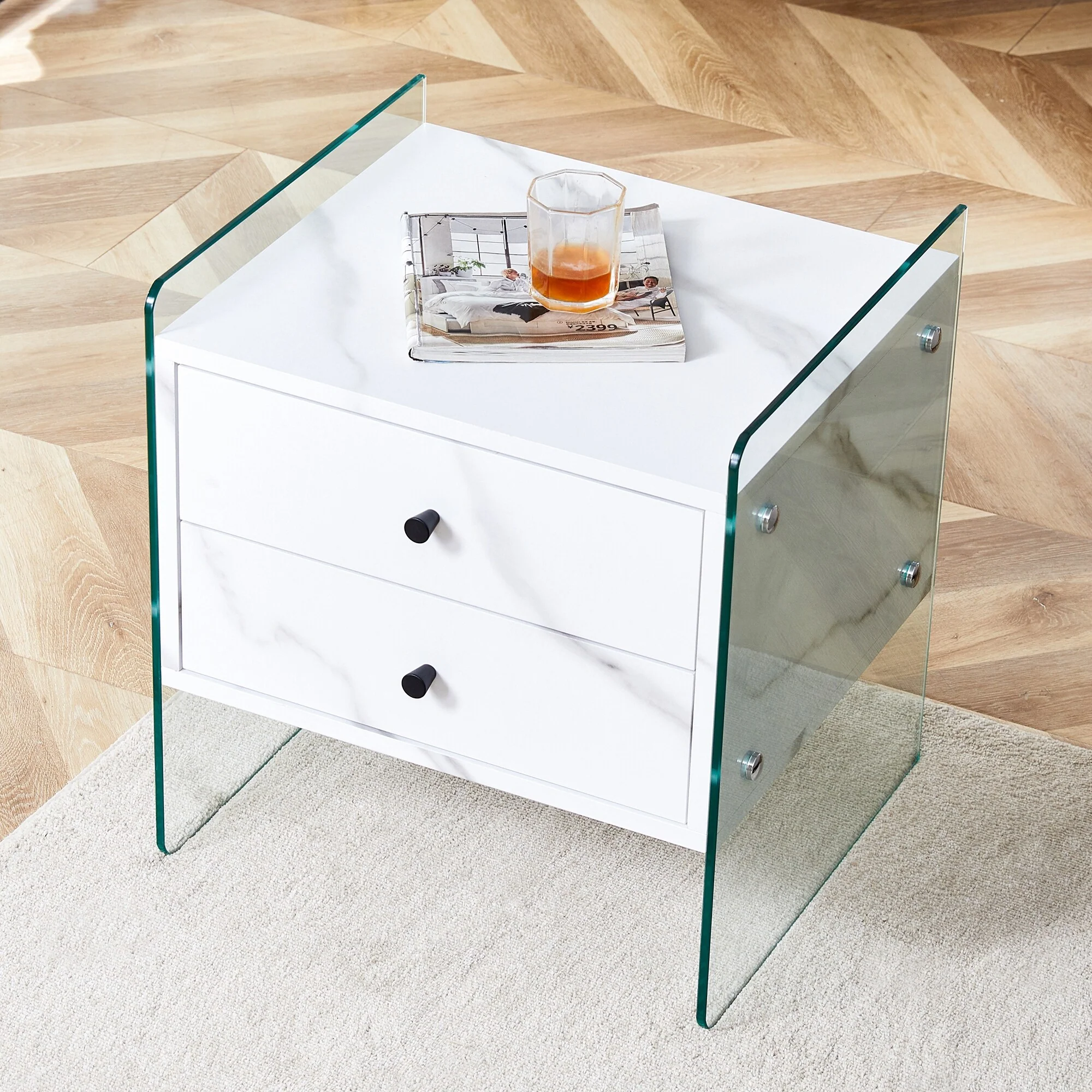 Double-Drawer Bedside Table And Both Sides Are Tempered Glass