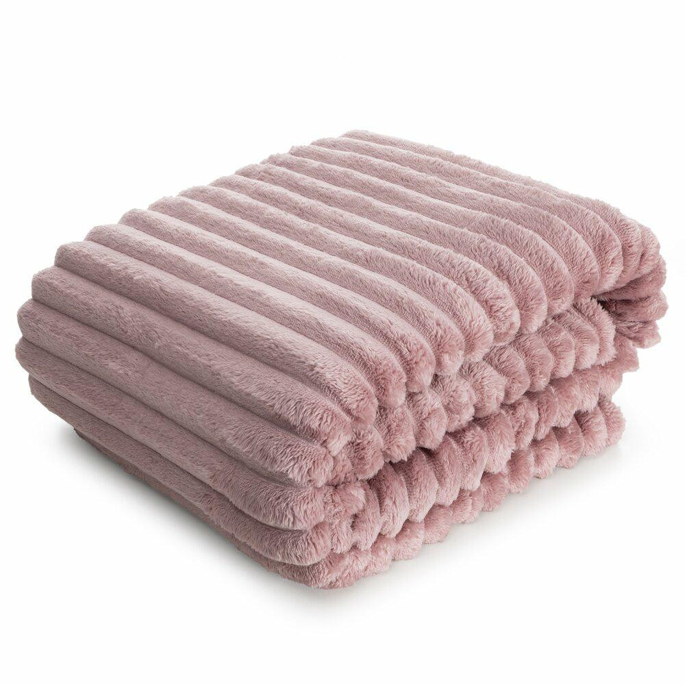 Koc SOFT pudrowy 200x220 cm prążki ciepły miękki