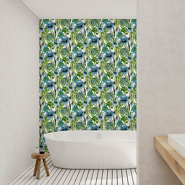 Papier peint vinyle intissé Cuisines &Bains Lutece mat et satiné fonds marins bleu, vert l.1005 x l.53 cm