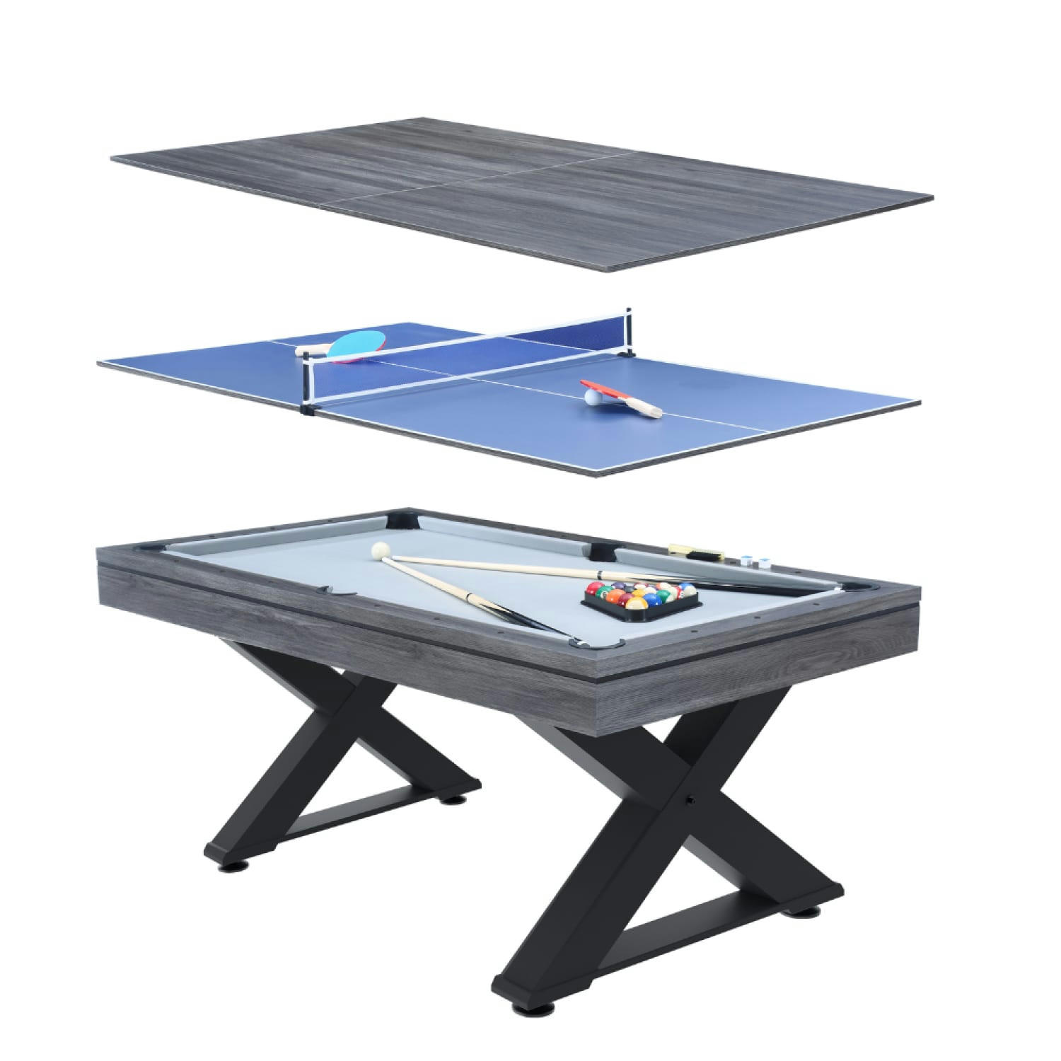TEXAS - Table multi-jeux, ping-pong et billard en bois gris