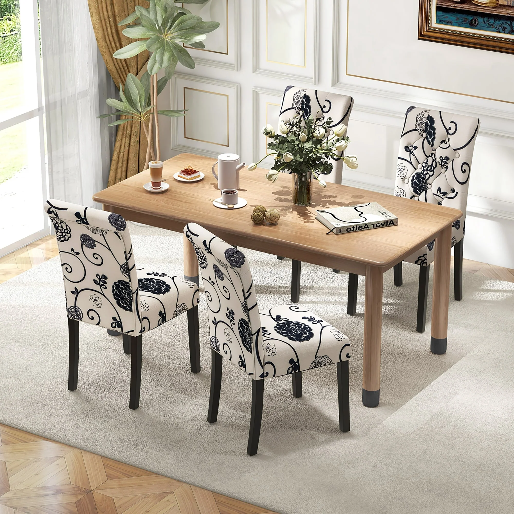 Gymax Set of 4 Tufted Dining Chair Parsons Upholstered Fabric Chair