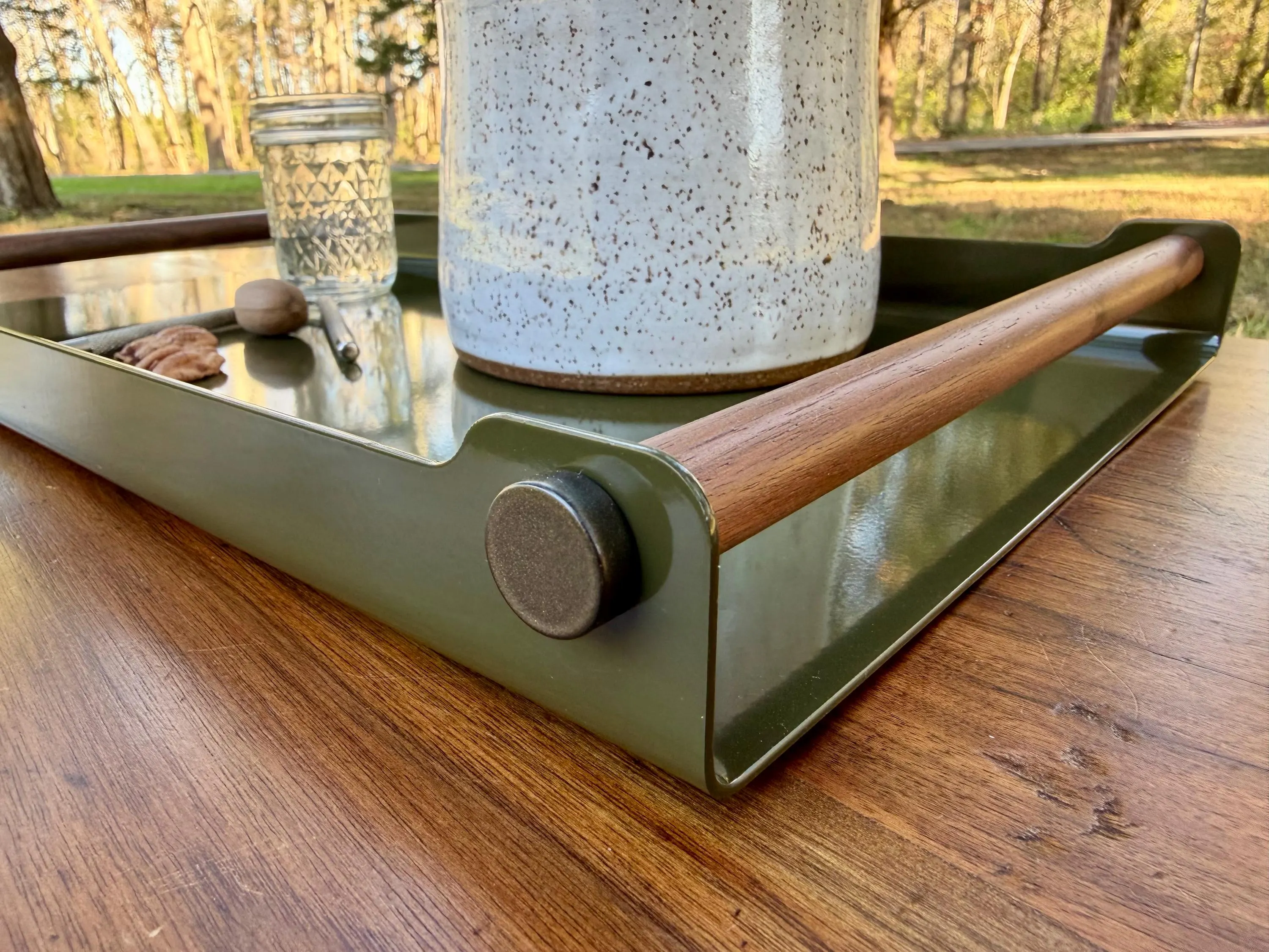 Modern Serving Tray | Steel Serving Platter w/ Solid Walnut Handles for Holidays & Christmas (Dark Olive)