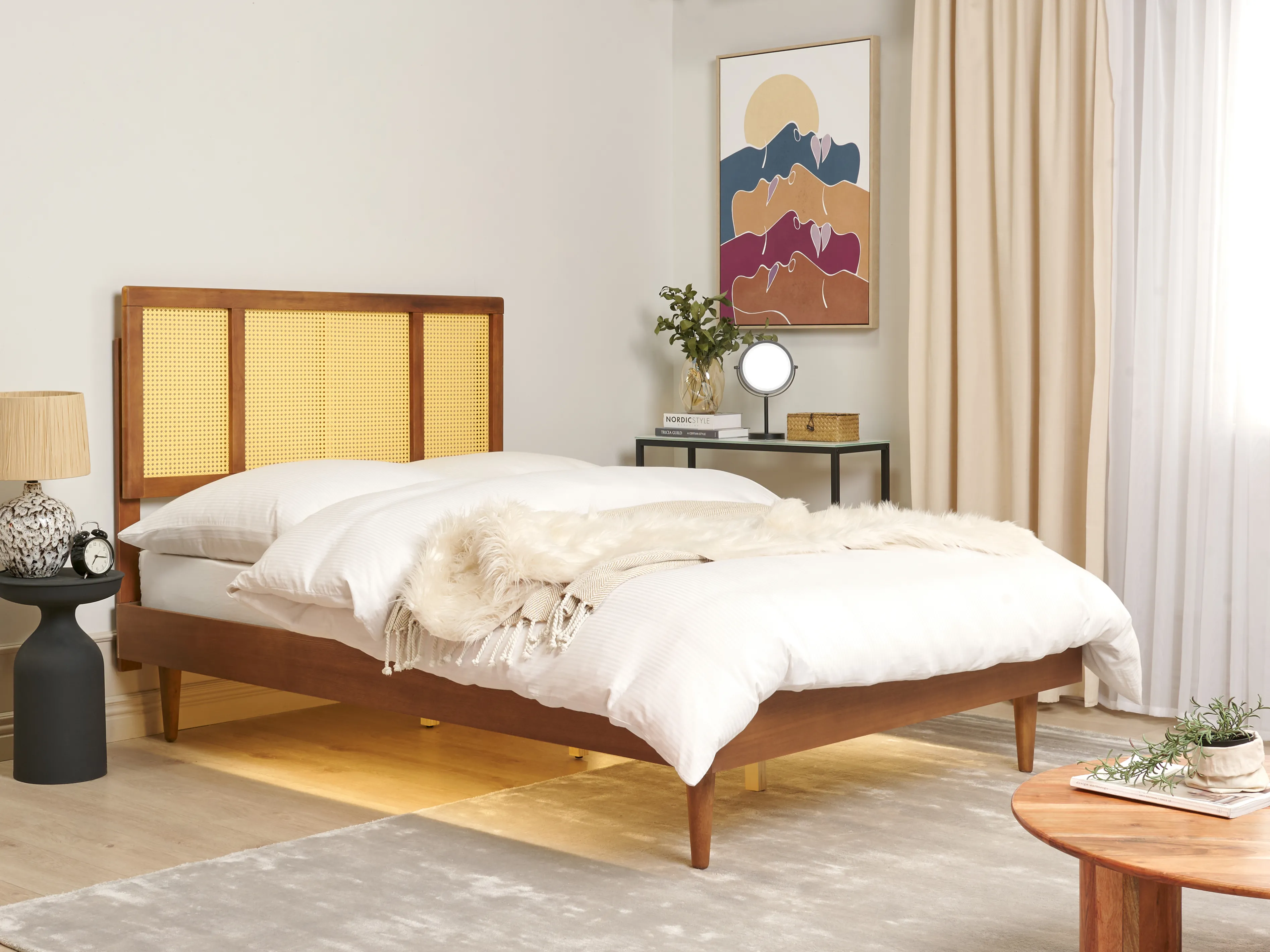 Bed with LED Rattan AURAY 140 x 200 cm (EU Double) Brown